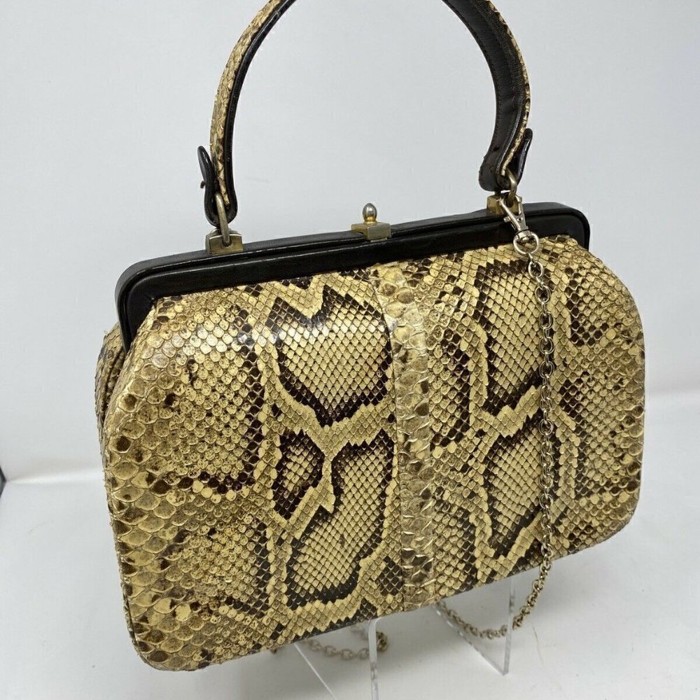 Vintage Beige Python Snakeskin Structured Hand Bag - image 4